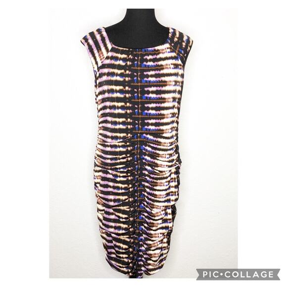 Taylor cream black purple graphic rutched sheath dress size 12 - Picture 1 of 14